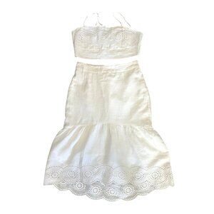 Joie White Eyelet Crop Top & Skirt Set Size L 100% Linen Sleeveless Boho Chic